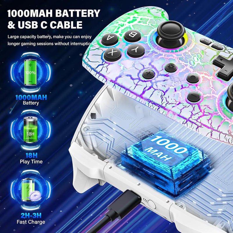 DBEPANK Store Switch Controller, Wireless Switch Pro Controller for Switch/Switch 2/Switch Lite/Switch OLED, 10 Color LED Switch Controllers, Programmable 1000mAh Switch Remote Gamepad with Wake Up, Turbo Vibration, White - Image 5